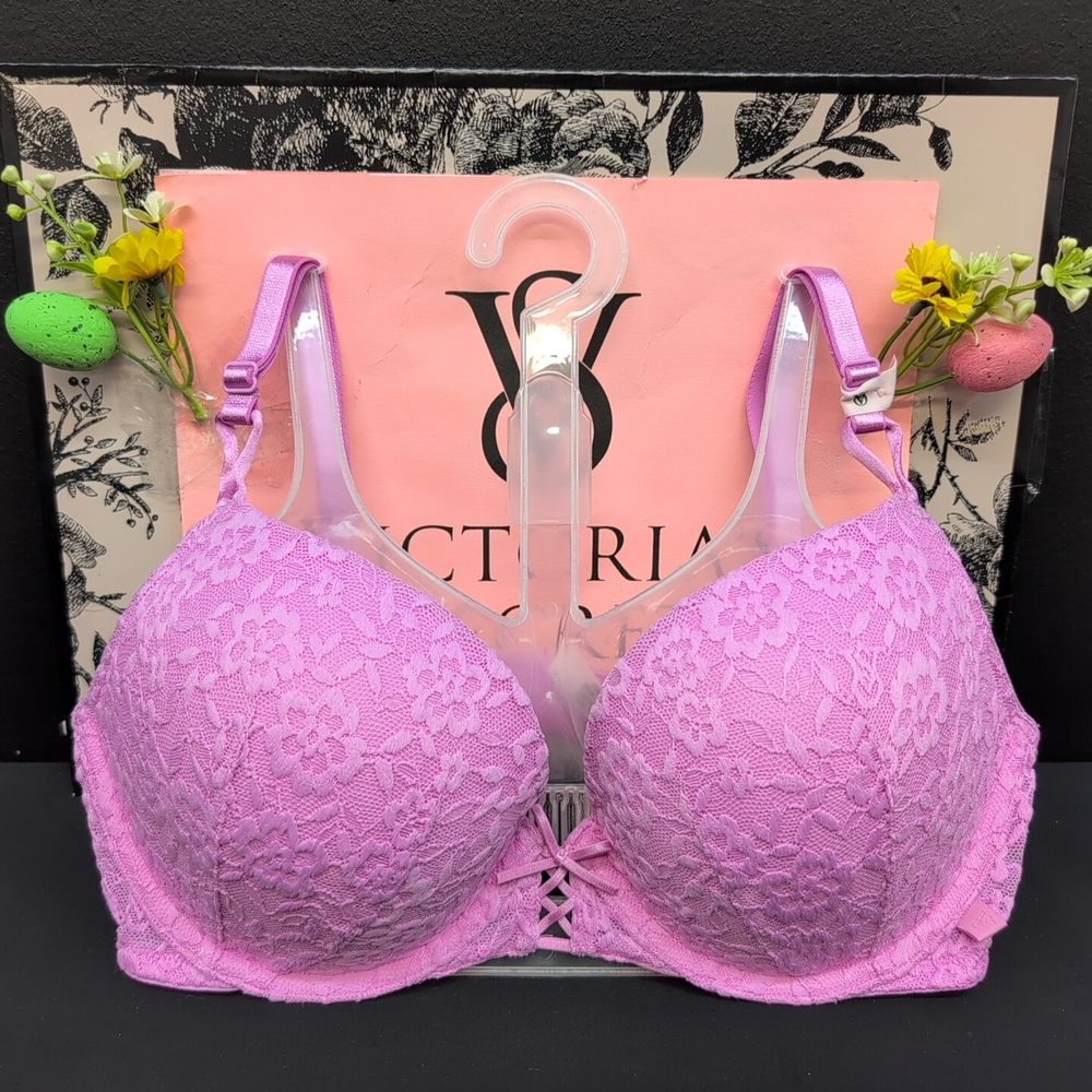 Victoria Secret Sexy Tee Lacie Lace up Underwire Push Up Bra 34D Pink Lilac